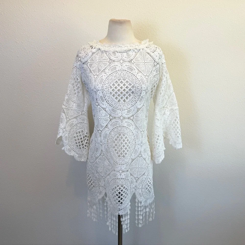 Raffaela D'angelo White Lace Crochet Sheer Mini Dress Womens‎ Small Bell Sleeve